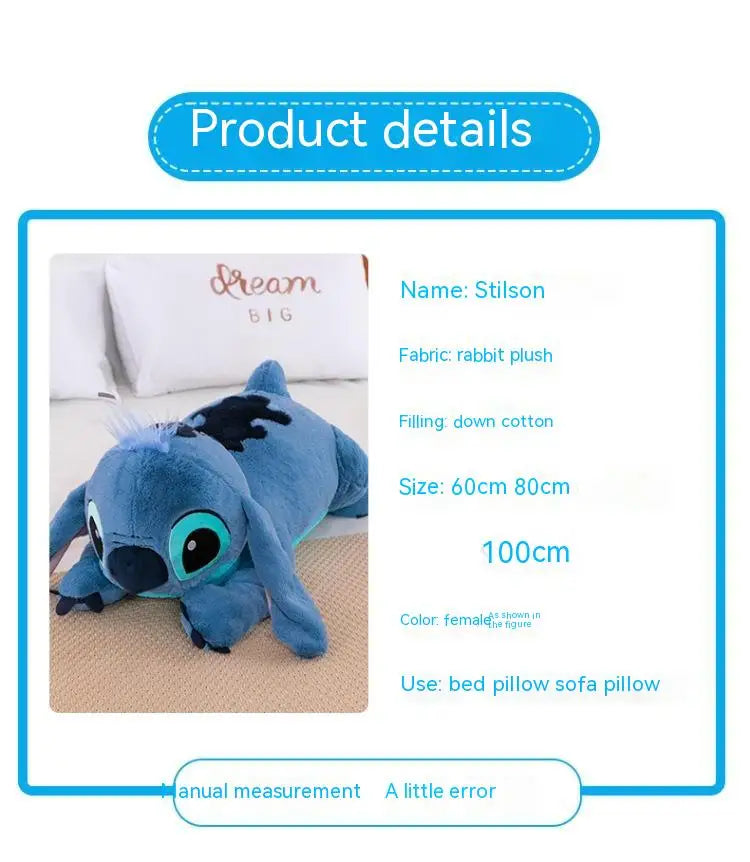 Muñeco de peluche gigante de 100cm de Disney Stitch, Animal de dibujos animados Kawaii azul, sofá, almohada suave para dormir, juguetes para niños y niñas, regalo de cumpleaños